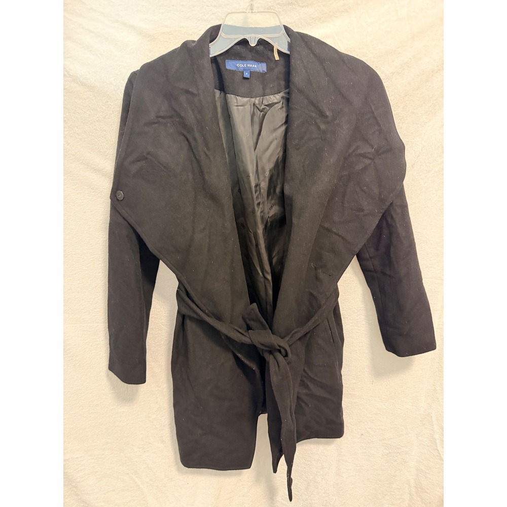Cole Haan Black Wool Blend Wrap Coat Oversized Shawl Collar Belted Size 8